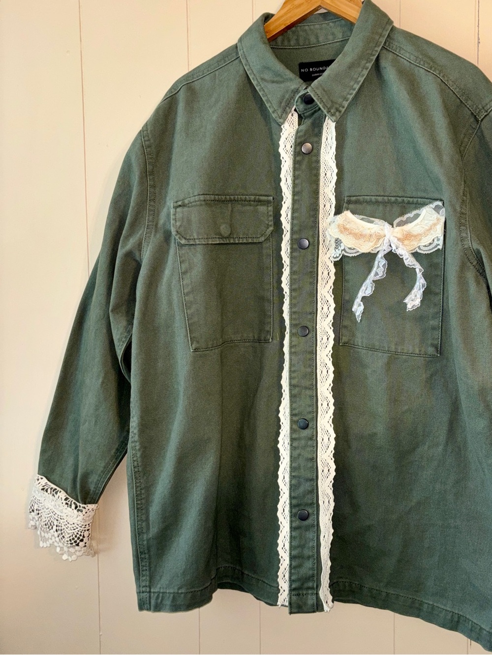 No Boundaries Olive Green Utility Jacket with Lace Trim Recycled Sustainable Art
